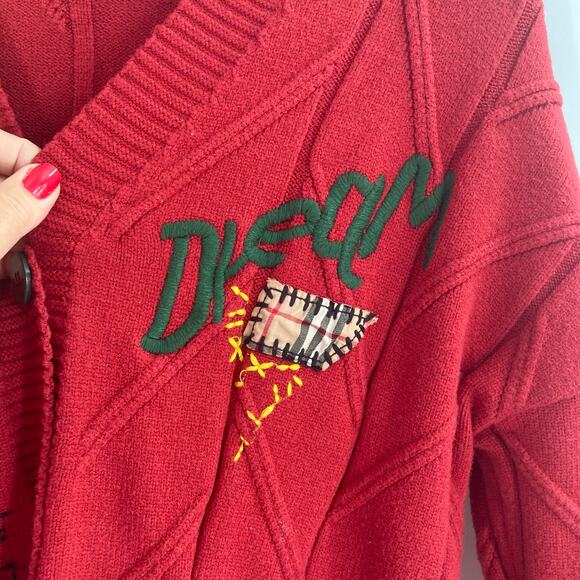 Embroidered Cable Knit Red Patchwork Chunky Cardigan 90s Sporty Grandpa Large - Picture 6 of 15